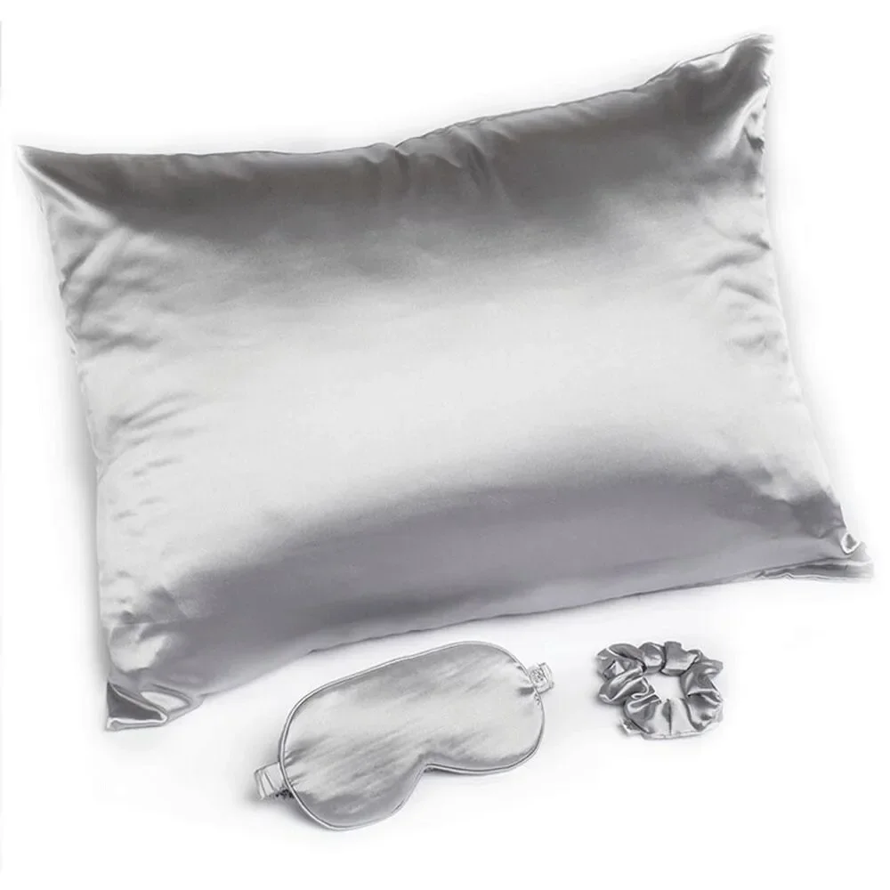 Gray Satin 3 Piece Set Pillowcase Sleep Mask Scrunchie